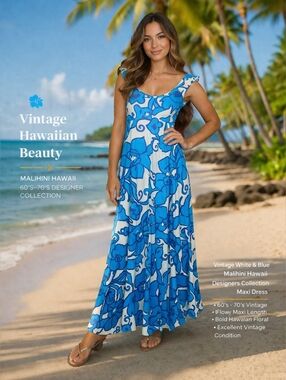 Vintage White & Blue Malhini Hawaii Designers Collection Maxi Dress From 60's-70